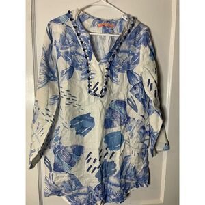 VILA GALLO Women's Blue Fish Print Linen Tunic Dress Cover Up Size 42 Medium M